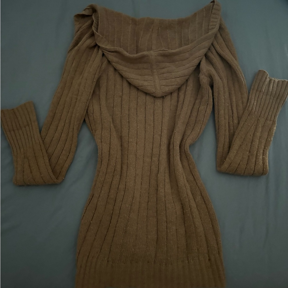 Vintage Y2K Taupe V-Neck Hooded Sweater - Picture 3 of 4